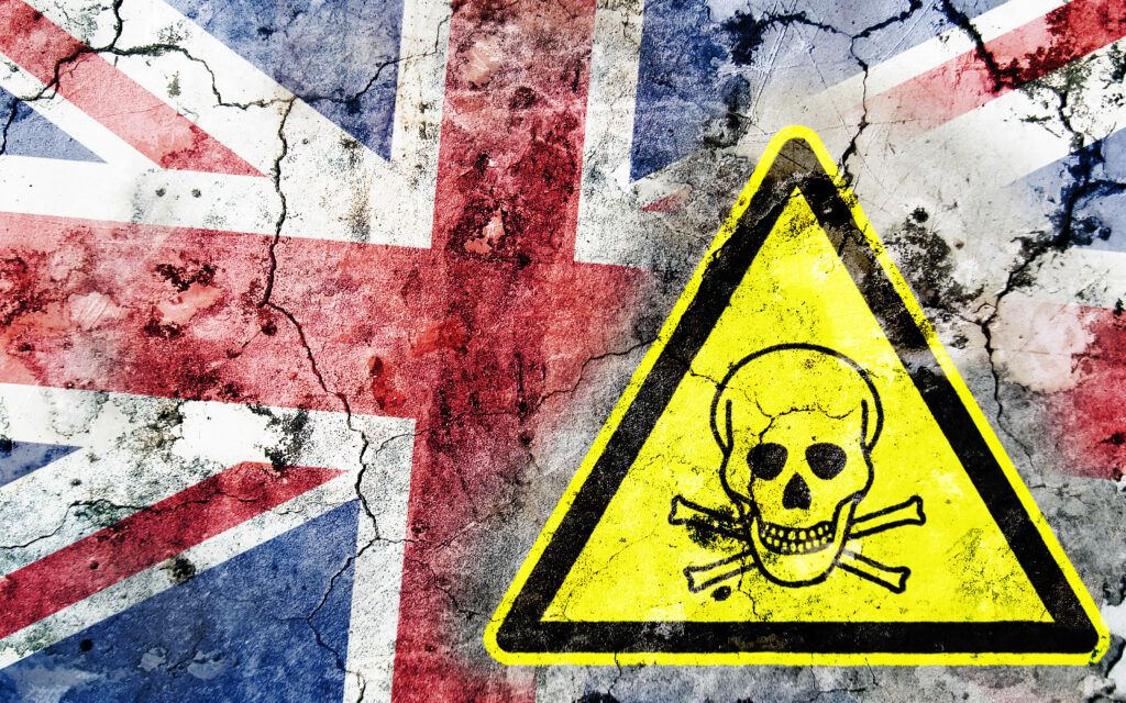 Flag of the United Kingdom with biohazrd warning